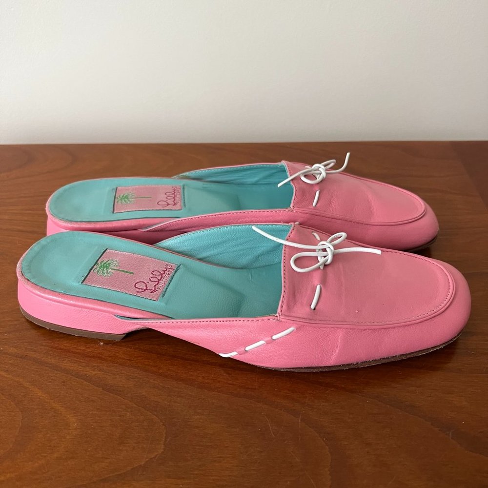 Lilly Pulitzer Pink Soft Leather Slides with White Trim White Bow Size 6.5